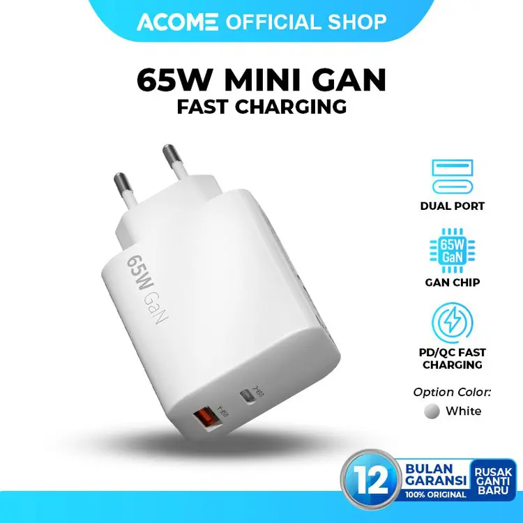 ACOME Charger GaN 65W High Power Dual Ports Support All Fast-Charging Technology Garansi Resmi 1 Tahun ACG65