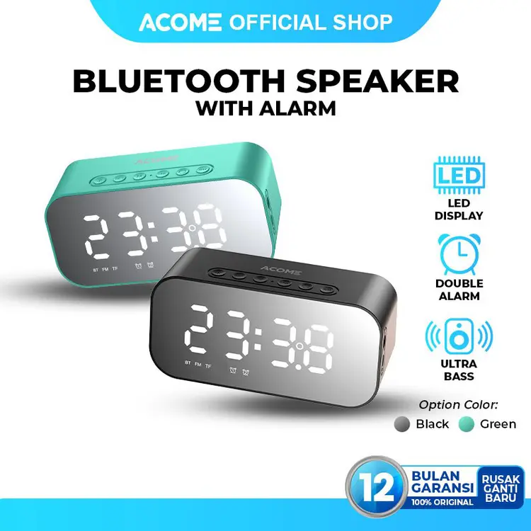 Acome Speaker Bluetooth 5.0 Jam Alarm LED Display Ultra Bass Garansi Resmi 1 Tahun A5