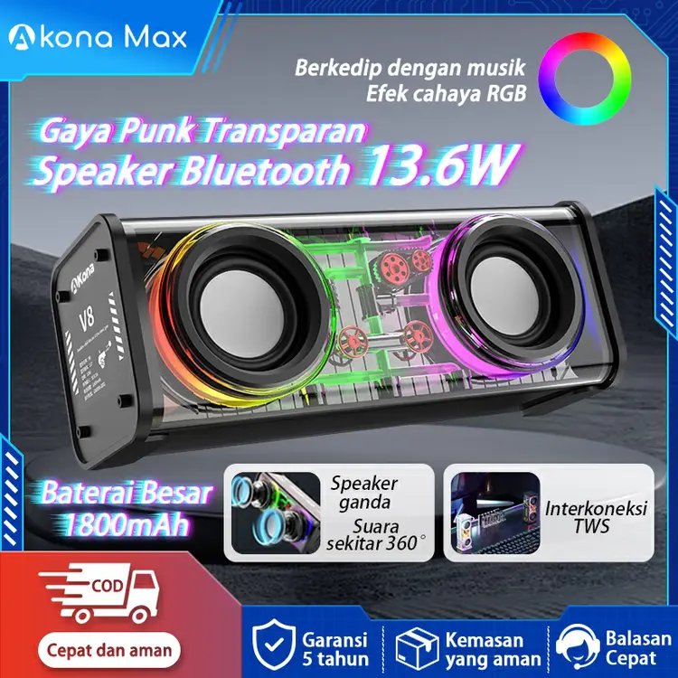 Akona Speaker Bluetooth Cyberpunk 13.6W Daya Tinggi Speaker Bass Bluetooth RGB LED Light Akrilik Transparan V8 Spiker Bluetooth