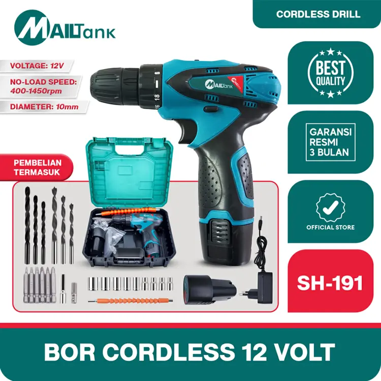 Mailtank SH191 12V Bor Baterai 2baterai bor cas 1 set lengkap murah mesin bor tangan Mesin Bor dengan Koper dan Set Mata Bor Untuk Memasang Baut dan Bor Dinding