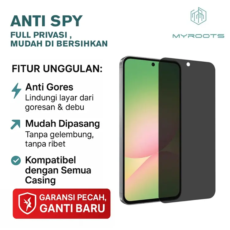 Myroots Tempered Glass Anti Spy Samsung A17 A07 - A56 A36 A26 A16 A06 - A55 A35 A25 A15 A05 A05S A54 A34 A24 A14 A04 A04e A04s 5G 4G ESD Anti Gores Kaca Privasi 