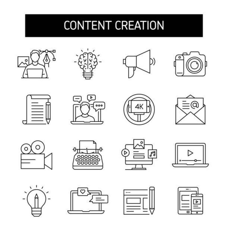 set ikon baris pembuatan konten. vlogging, foto, video, berbagi, pengikut. - content creator set up ilustrasi stok