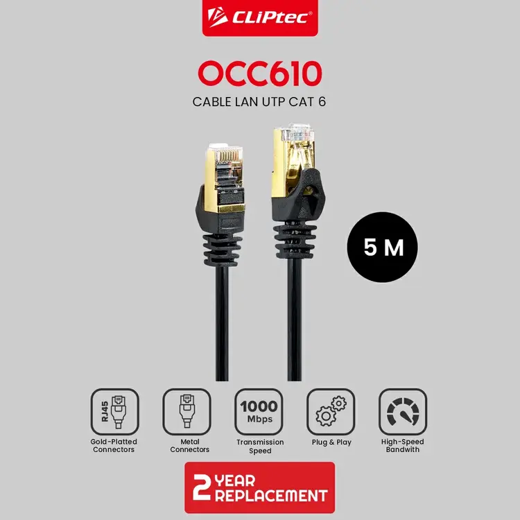 Kabel LAN UTP CAT6 RJ45 Gold Plated 5m Cliptec OCC610