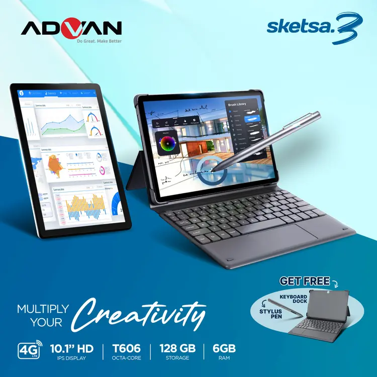 Advan Tab Sketsa 3 10.1” IPS HD 128GB RAM 6GB Dual Sim Card dengan Keyboard Dock & Stylus Pen