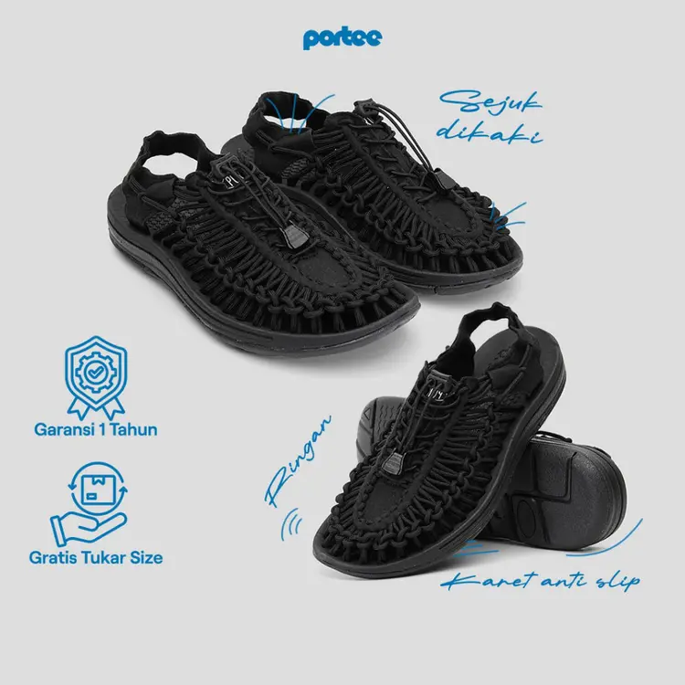 Sandal Pria Portee Loom Black – Traveling | Anti Slip Ringan | Tracking | Outdoor | Men Sandal