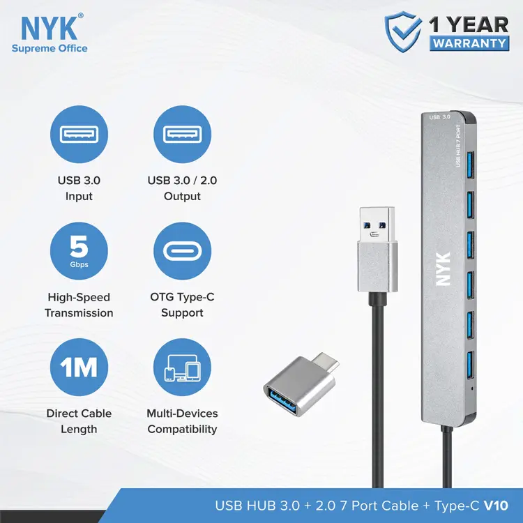 NYK USB HUB 7 Port Cable 1M OTG Type C 3.0 V10