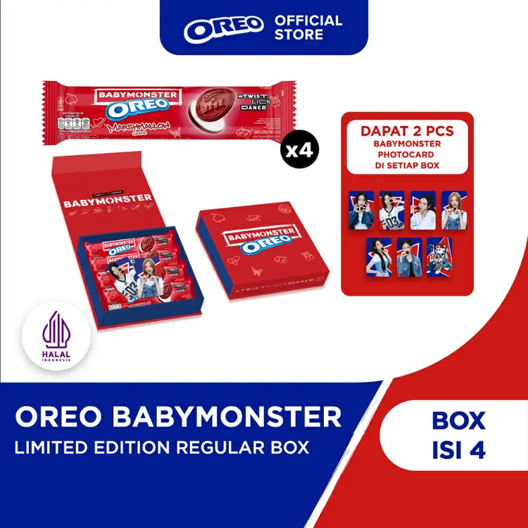 ⁠[REGULAR BOX] OREO X BABYMONSTER Exclusive Box -  Isi 4pcs Biskuit Red Marshmallow, GRATIS 2 Photocard [Limited Edition] | Snack Cemilan Manis Favorit Anak & Keluarga KPOP