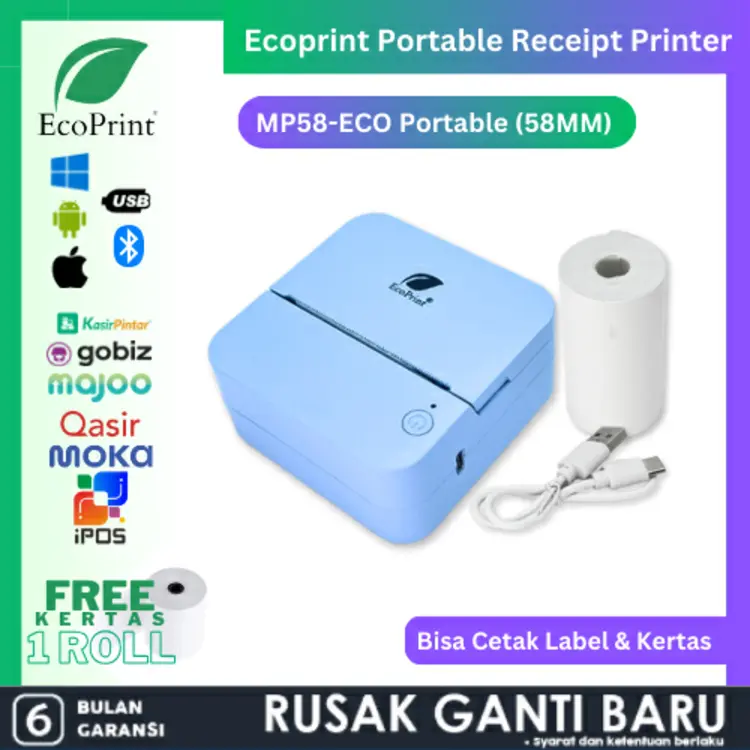 ECOPRINT MINI THERMAL PRINTER BLUETOOTH MP-58 ECO RPP02N 58MM BATERAI SUPPORT MOKAPOS PRINTER KASIR SUPPORT SEMUA APPS