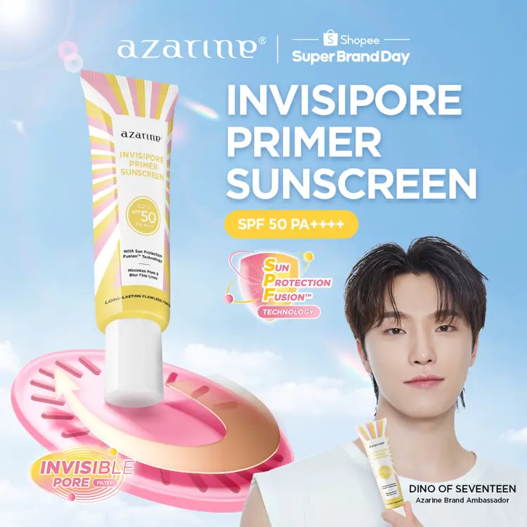Azarine Invisipore Primer Sunscreen SPF 50 PA++++ 30gr Primer Makeup Pore Blurring Tahan Lama Longlasting Flawless Finish dengan PENTAVITIN™, Niacinamide, dan Centella Asiatica membantu melindungi dari polusi, sinar bluelight, sinar UV Semua Jenis Kulit