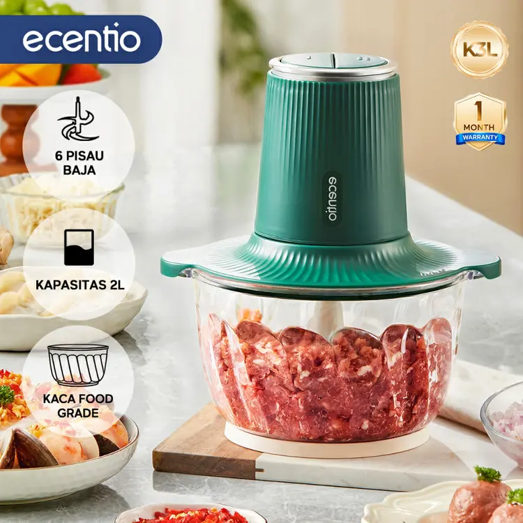 ecentio 3 IN 1 Food Processor Penggiling Daging 6 Mata Pisau 2L Kaca Chopper 350W Food Grade Mesin Giling Daging & Mixer Telur 2 Kecepatan Whisk K3L Certified Garansi 1 Tahun