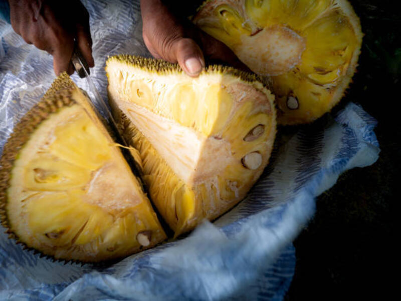 pria memotong nangka menjadi bagian - buah nangka muda potret stok, foto, &amp; gambar bebas royalti
