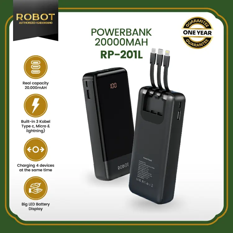 ROBOT Powerbank 20000mAH 2.1A 3 Built-in Kabel Type C Lightning Micro LED for 4 Device RP-201L Original - Garansi 1 Tahun