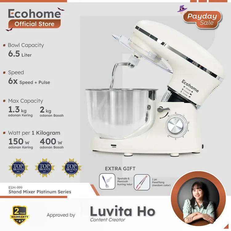 ECOHOME Stand Mixer Platinum Series ESM999 Premium Stand Mixer Heavy Duty 6.5L Capacity