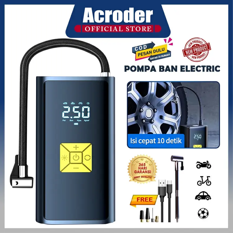Acroder Pompa Ban Electric Mobil Tekanan Nirkabel Portabel Tampilan Cerdas Deteksi