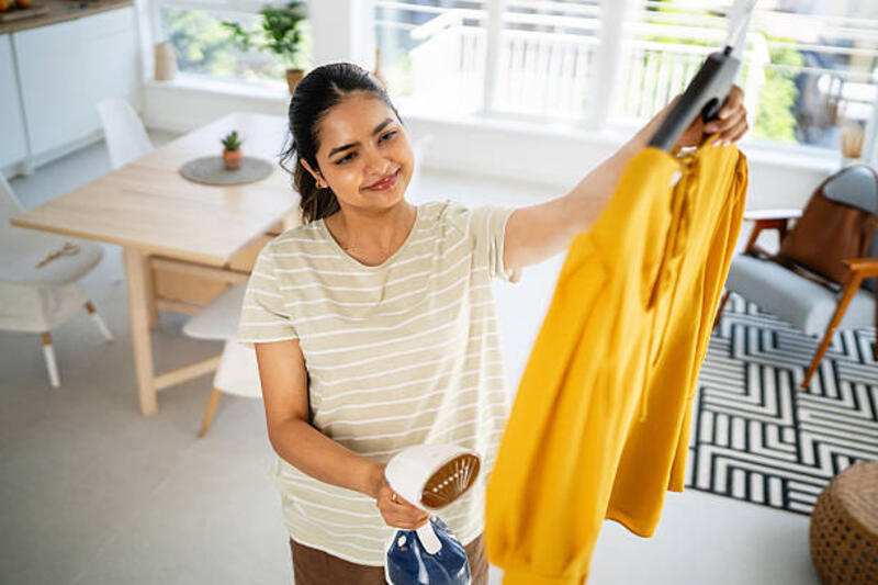 wanita muda dengan hati-hati menyetrika pakaian dengan setrika uap dalam kenyamanan rumahnya - setrika uap potret stok, foto, &amp; gambar bebas royalti