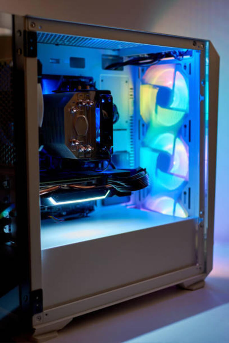 Komputer desktop game dan kipas pendingin dengan lampu LED RGB foto stok