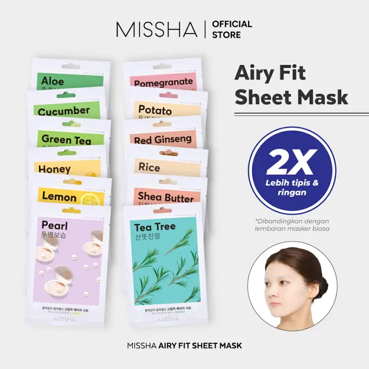 MISSHA AIRY FIT SHEET MASK NEW! (1 pcs) hydrating Essence Serum Toner Face Mask Brightening Moisturizing Skin Care Anti aging Masker Wajah sheet mask kulit kusam sensitif kering