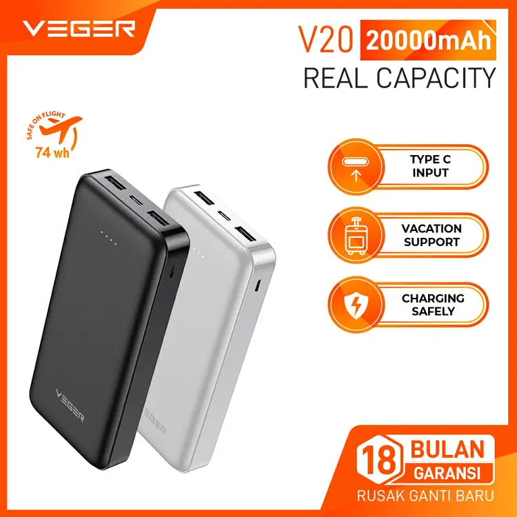 VEGER V20 Powerbank 20000mAh 2 Ports USB 2.4A Real Capacity