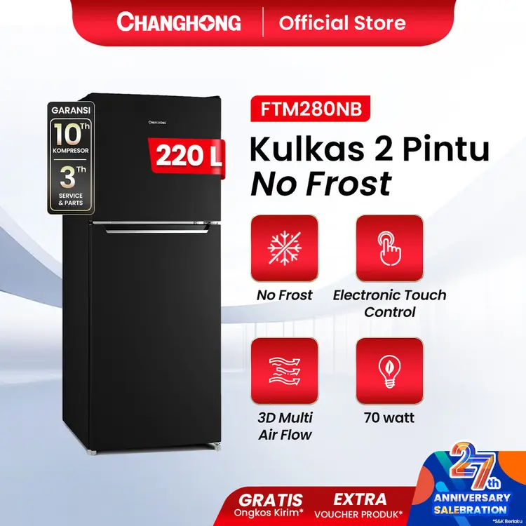 [Bebas Bunga Es] Changhong Kulkas 2 Pintu  (Refrigerator) Kulkas No Frost Tanpa Bunga Es Lemari Es Kapasitas 220 Liter FTM280NB - Black (Kulkas No Frost Anti Bunga Es) (Kulkas Multi Air flow) (Kulkas Food Grade) ( Kulkas Dengan Penyimpanan Besar)