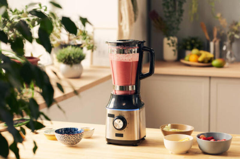 Blender listrik dengan smoothie buah buatan sendiri segar di atas meja