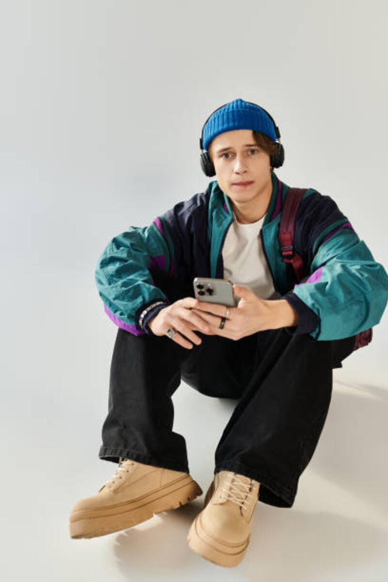 Pemuda bergaya duduk di studio yang menampilkan mode pemuda kontemporer