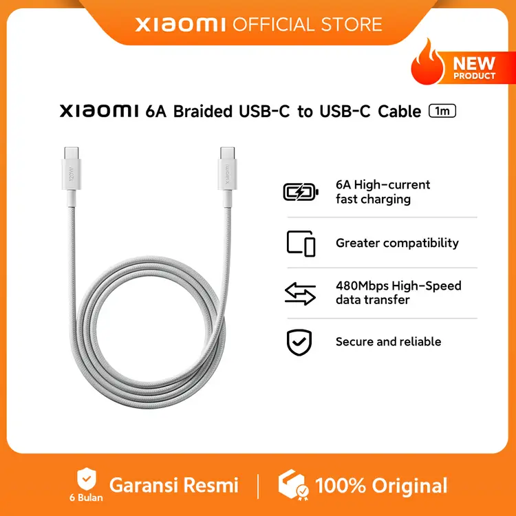 Xiaomi 6A Braided USB-C to USB-C Cable | 6A High-current fast charging | Greater compatibility | 480Mbps High-Speed data transfer | Secure and reliable [Official Store]