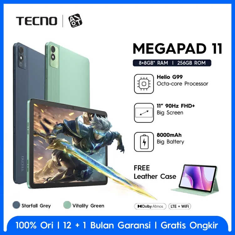 TECNO MEGAPAD 11 8+8GB*256GB, 11inch Ultra Screen with Eye Care Mode, Sim Card + T-Flash, 8000mAh, 18W Fast Charging, MediaTek Helio G99, Android 14