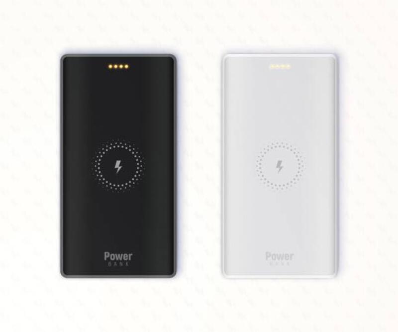 powerbank nirkabel hitam dan abu-abu terisolasi pada latar belakang bertekstur putih. - powerbank ilustrasi stok