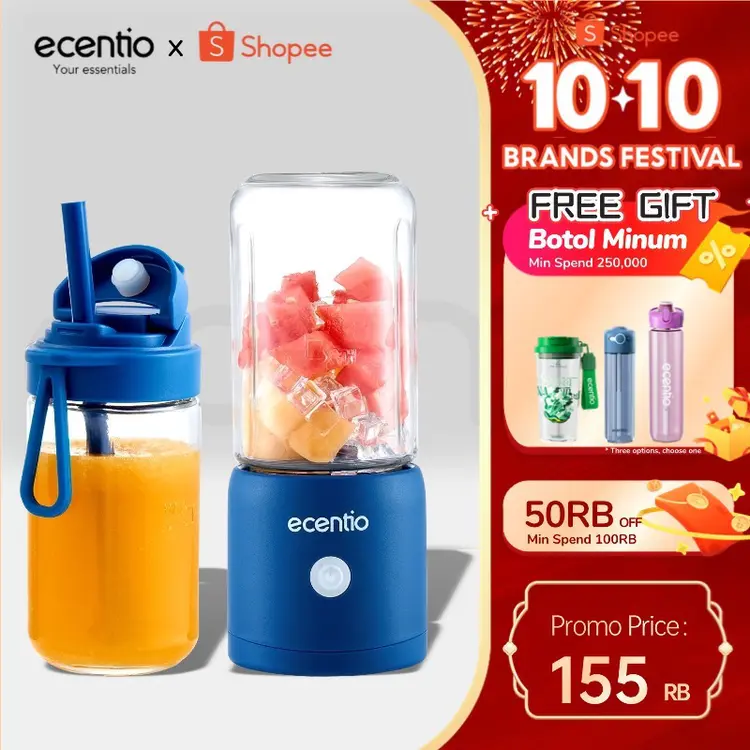 ecentio juicer blender 10 pisau juicer Kaca Tebal 2 Cup mini portable dengan sedotan 380ml+380ml
