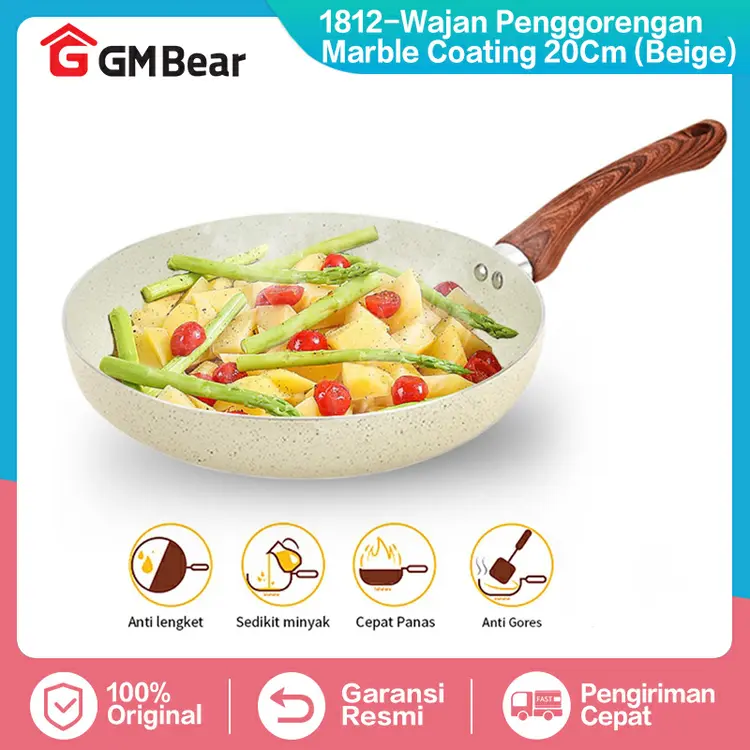 GM Bear Wajan Penggorengan Marble Coating 20cm (Beige) 1812 - Wajan Fry Pan Marble Coating