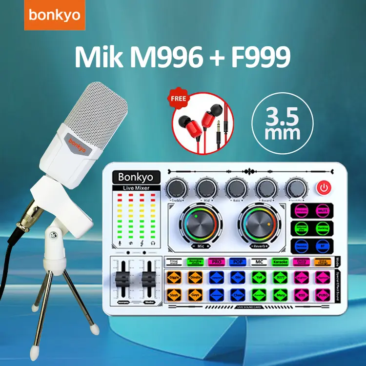 Bonkyo F999 Sound Card Putih Siaran Langsung Peralatan Khusus Mikrofon Bernyanyi Profesional Universal untuk Ponsel dan Komputer
