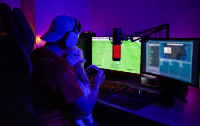 streamer dan pro gamer bermain game sepak bola online di rumah. kucing dan gamer. - football video game potret stok, foto, & gambar bebas royalti