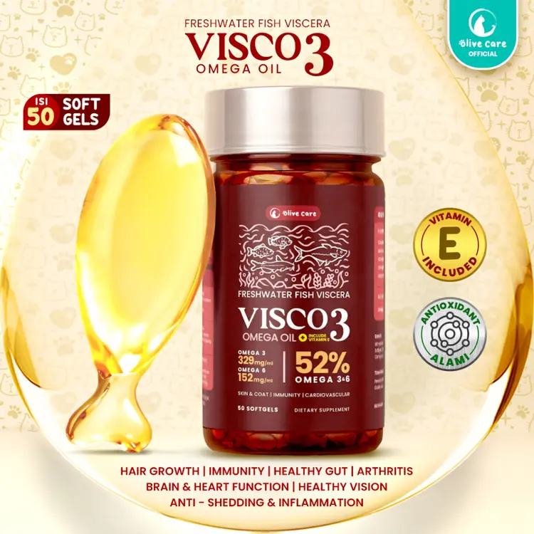 Olive Care Vitamin Minyak Ikan Kucing VISCO3 Murni & Alami Non-GMO Tinggi Omega 3 Omega 6 Omega 9 Fish Oil untuk Kesehatan Kulit dan Bulu, Daya Tahan Tubuh, Bulu Rontok, Kesehatan Jantung, Sendi, Mata dan Ginjal, Dermatitis, Anti Inflamasi, Pencernaan