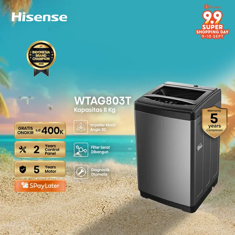 Hisense Mesin Cuci 1 Tabung Top Loading 8KG Washing Machine WTAG803T Garansi 2 tahun【Glass lid】【10 Precision Water Level Selection】【3D Windwill Impeller】