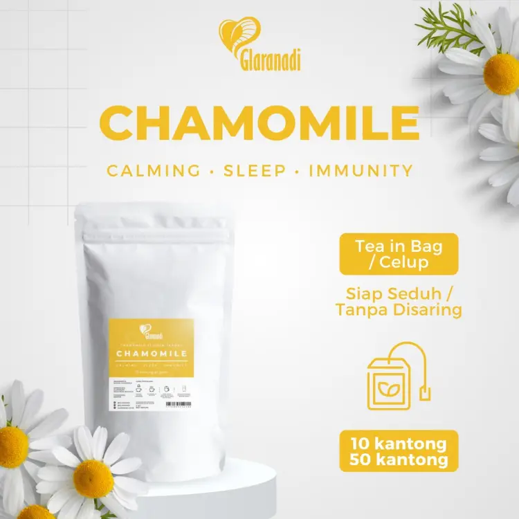 GLARANADI - Teh Bunga Chamomile Tea Bag untuk Insomnia & Mempermudah Tidur 10 Kantong 50 Kantong