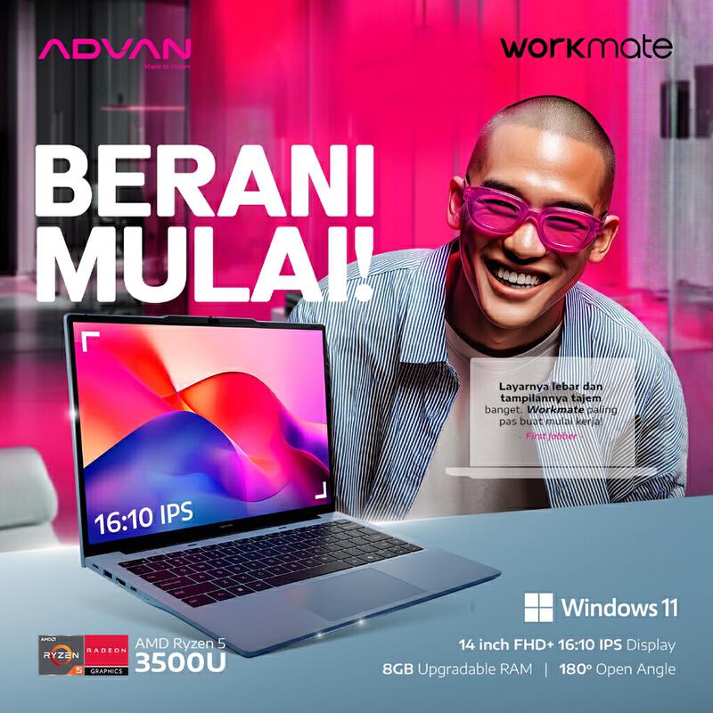 Product image [Exclusive Launch] ADVAN Laptop WorkMate | AMD Ryzen 5 3500U / Intel i3-1215U | 14 Inch FHD+ 16:10 IPS | 8GB/256GB Upgradable | WIFI 5 | Free WIndows 11 | Garansi Resmi 1 Tahun
