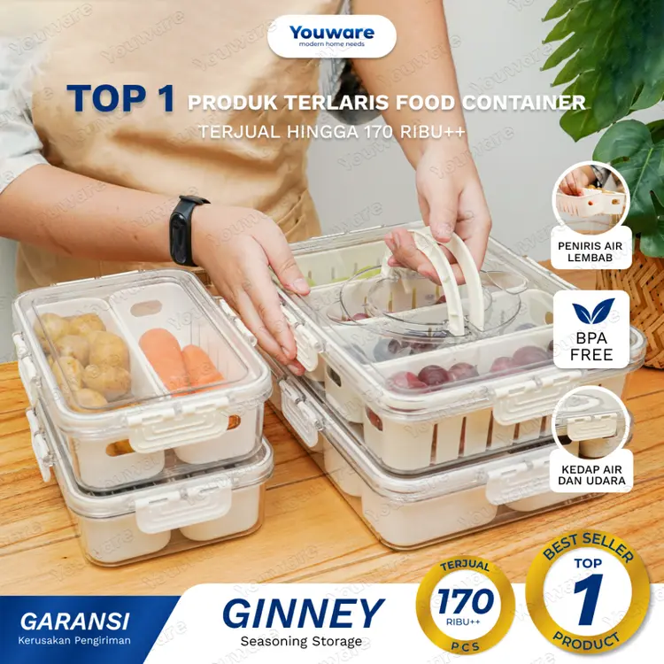 Youware - Ginney Food Container (HARGA SATUAN) / Kotak penyimpanan makanan ringan Tempat makan bumbu dapur Wadah penyimpanan makanan di kulkas dengan tutup kedap udara Food Storage