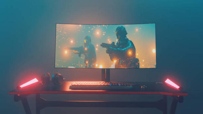 pengaturan-komputer-game-di-rumah-dengan-layar-komputer-besar-yang-menunjukkan-video-game.jpg (612×344)