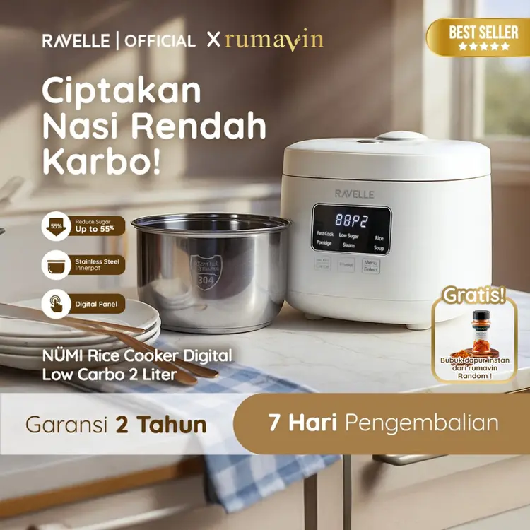RAVELLE NUMI Rice Cooker Digital Low Carbo 0.8 Liter Nasi (2 Liter) - Penanak Nasi Low Watt ( Stainless Steel inner Pot )