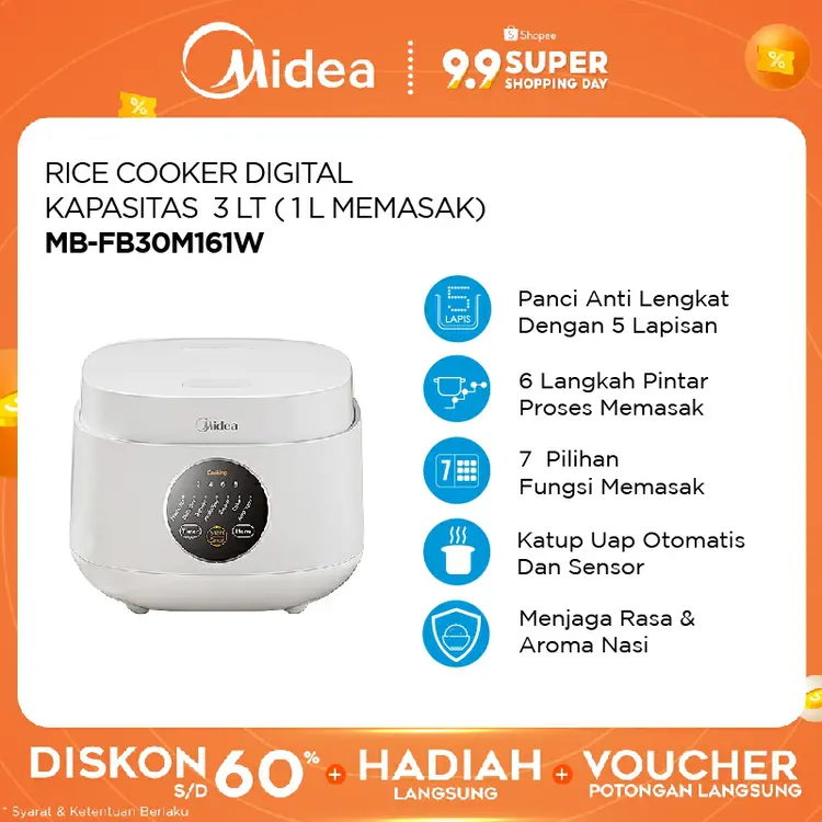 [TURUN HARGA] Midea Digital Rice Cooker - MB-FB30M161W - 5 Layer and 7 Preset Menu
