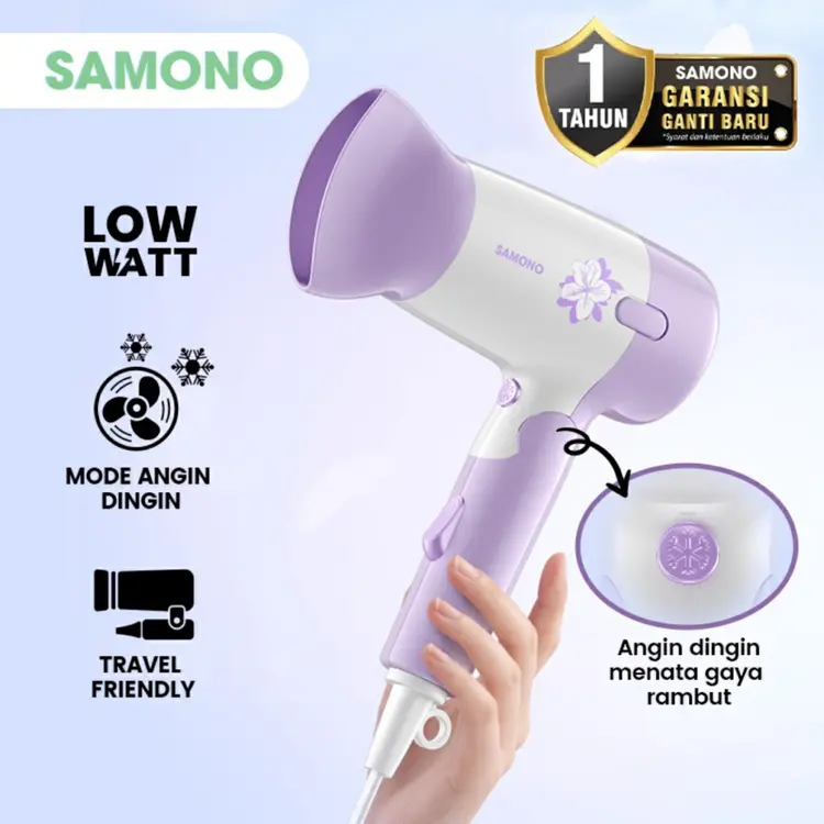 SAMONO Hair Dryer Udara Dingin Low Watt 300 Watt Pengering Rambut 2 Kecepatan Angin Bisa Dilipat SW-HD10