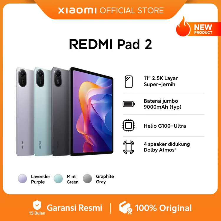 Xiaomi Redmi Pad 2 (4/128G) | 11" 2.5 Layar Super-jernih | Baterai jumbo 9000mAh (typ) | Helio G100-Ultra | Speaker didukung Dolby Atmos® [Official Store]