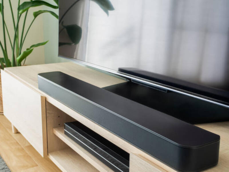 soundbar di depan televisi - soundbar potret stok, foto, & gambar bebas royalti