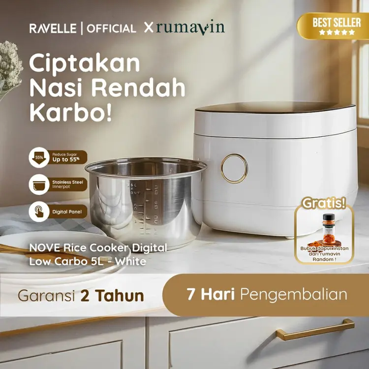 RAVELLE NOVE Rice Cooker Digital Low Carbo Less Sugar 1.8 Liter Nasi (5Liter) - Penanak Nasi - Low Watt