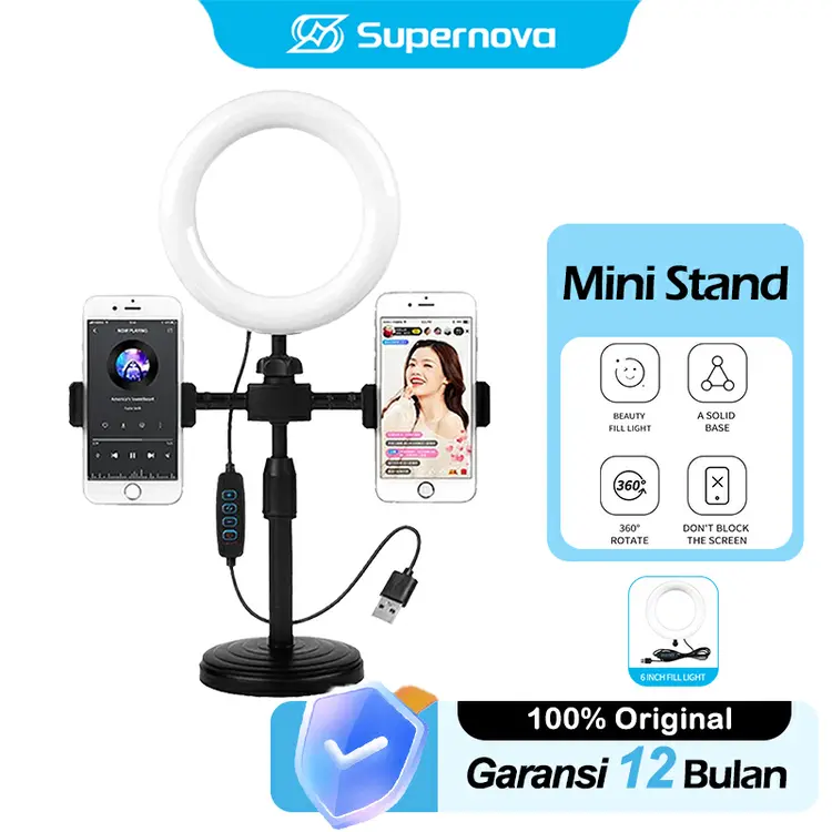 Supernova Ring light 16cm+Tripod +2 Holder HP Ring light Tripod Mini Stand HP Live stream Selfie Make Up Vlog Lampu