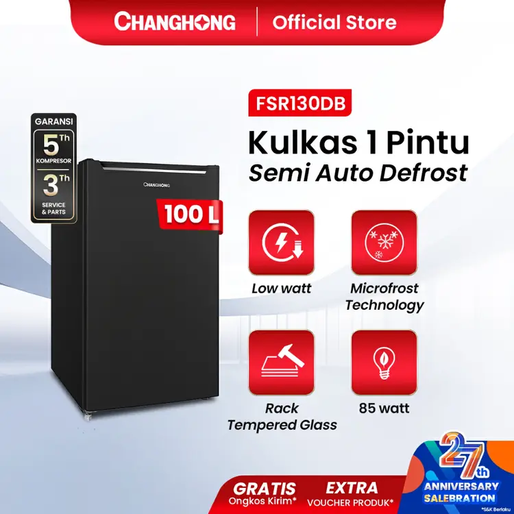 New Changhong Kulkas 1 pintu (Refrigerator) Lemari Es Kapasitas 100 Liter – Black FSR130DB (Semi Auto-Defrost ) (Ajustable Door)