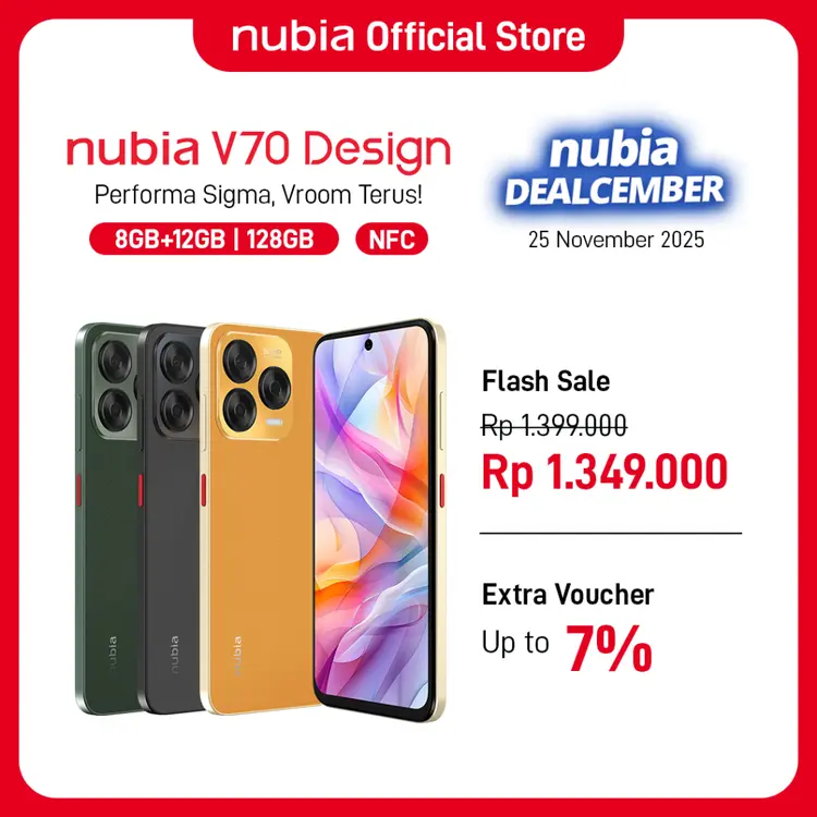 nubia V70 Design NFC RAM 8/128GB 5.000 mAh 33W Fast Charging 50MP AI Triple Camera Sleek Slim Body Garansi Resmi Android