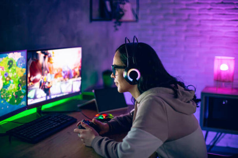 gamer wanita bermain video game online di joystick di rumah di malam hari - headphone gaming potret stok, foto, &amp; gambar bebas royalti