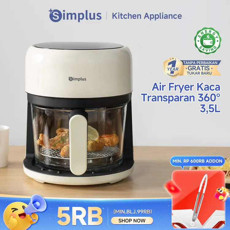 Simplus Air Fryer Low Watt 650W 3,5L Digital Touch Screen Panoramic Glass 360 View