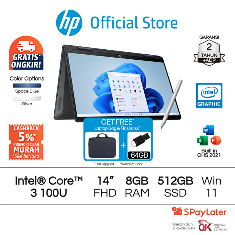 Product image Laptop HP Pavilion x360 2 in 1 Intel Core 3 Intel Graphics 8GB RAM 512GB SSD Blue / Silver Windows 11 Home 14 Inch Garansi 2 Tahun Promo Murah Gratis Ongkir Official Non Second